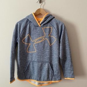 UA girls ylg fleece heather blue hoodie with orange jumbo logo